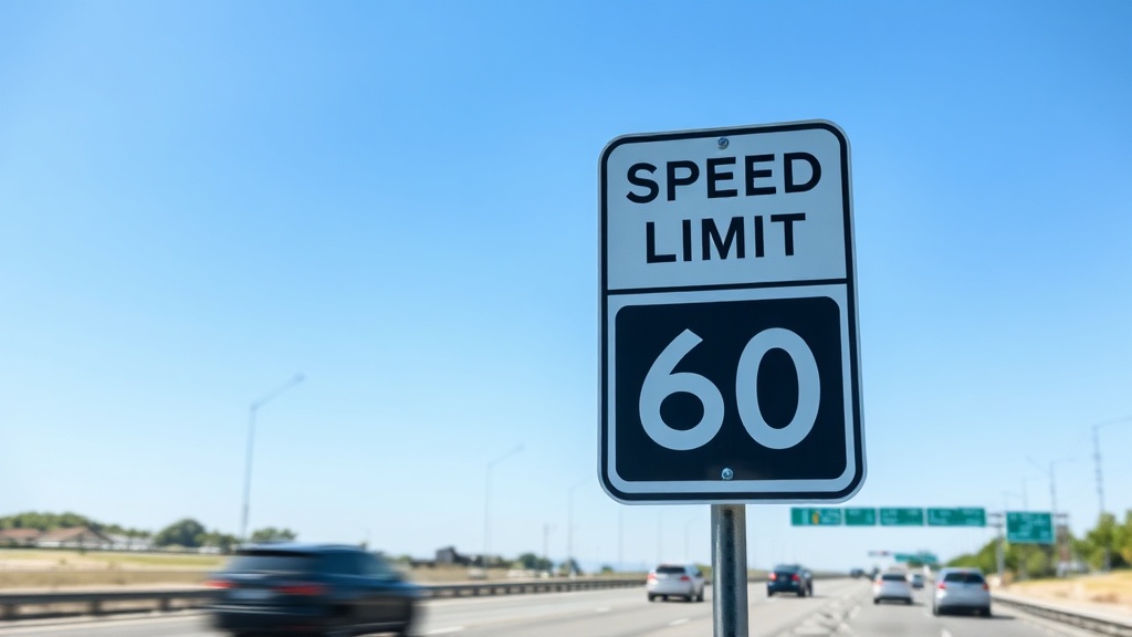고속도로에 설치된 속도 제한 표지판과 주행 중인 차량들을 보여주는 이미지